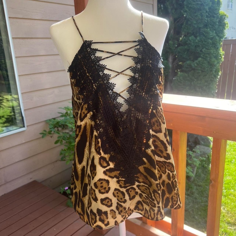 Wayf posie leopard animal print tank top strappy camisole black lace straps cami